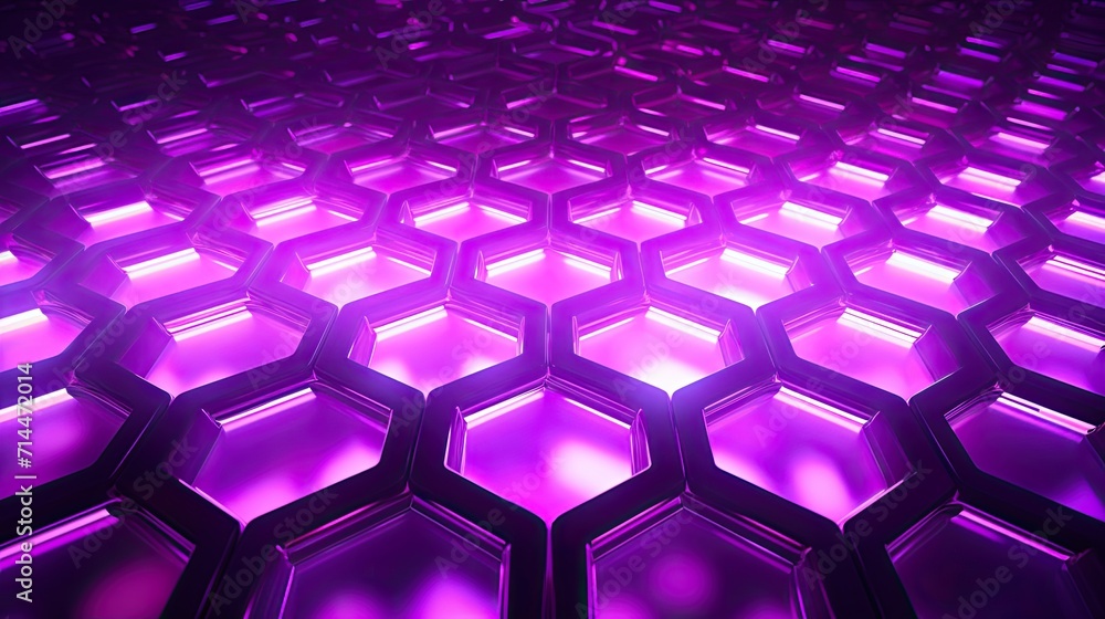 Poster a background with neon purple triangles arranged in a honeycomb pattern with a neon glow effect and 