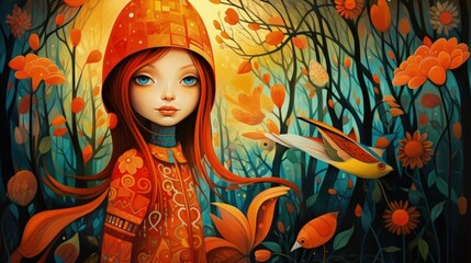 Fantasy illustration of a girl in a colorful forest with a bird on her hand, surrounded by orange flowers and whimsical trees.