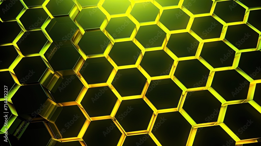 Poster a background with neon yellow hexagons arranged in a honeycomb pattern with a pulsating effect