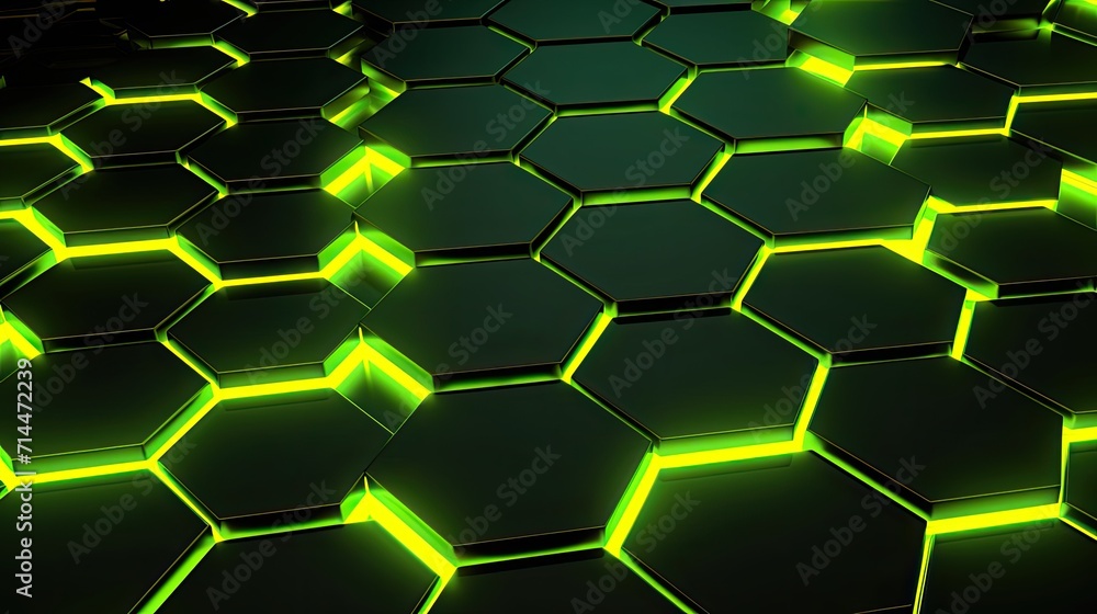 Poster a background with neon yellow hexagons arranged in a repeating pattern with a 3d effect and a parall