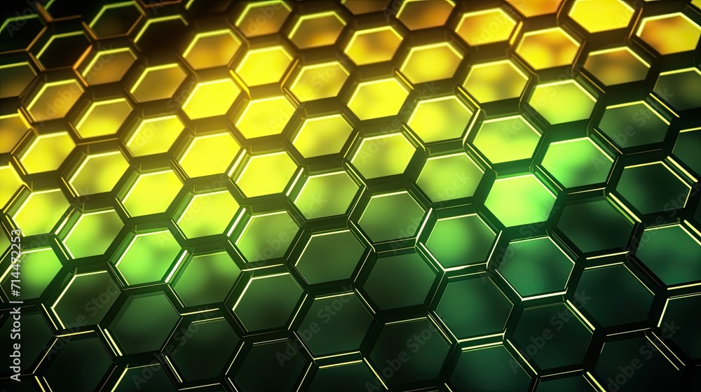 Poster a background with neon yellow hexagons arranged in a grid pattern with a chromatic aberration effect