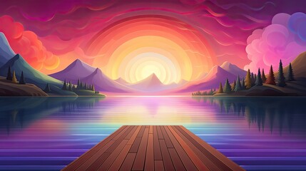 A colorful abstract design with intersecting shapes and a gradient background 90 a tranquil lake with a wooden dock and a view of the mountains in the background - obrazy, fototapety, plakaty