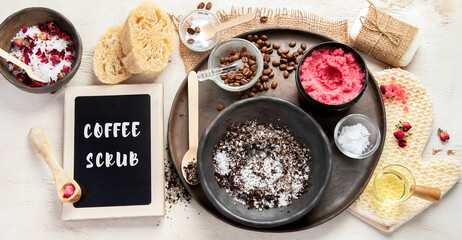 A woman's hand applies a natural coffee scrub. Skin care cosmetics. Beauty concept