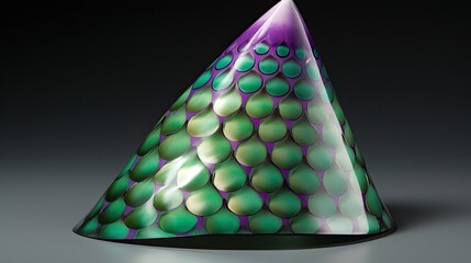 A cone with a diamond pattern in shades of green and purple