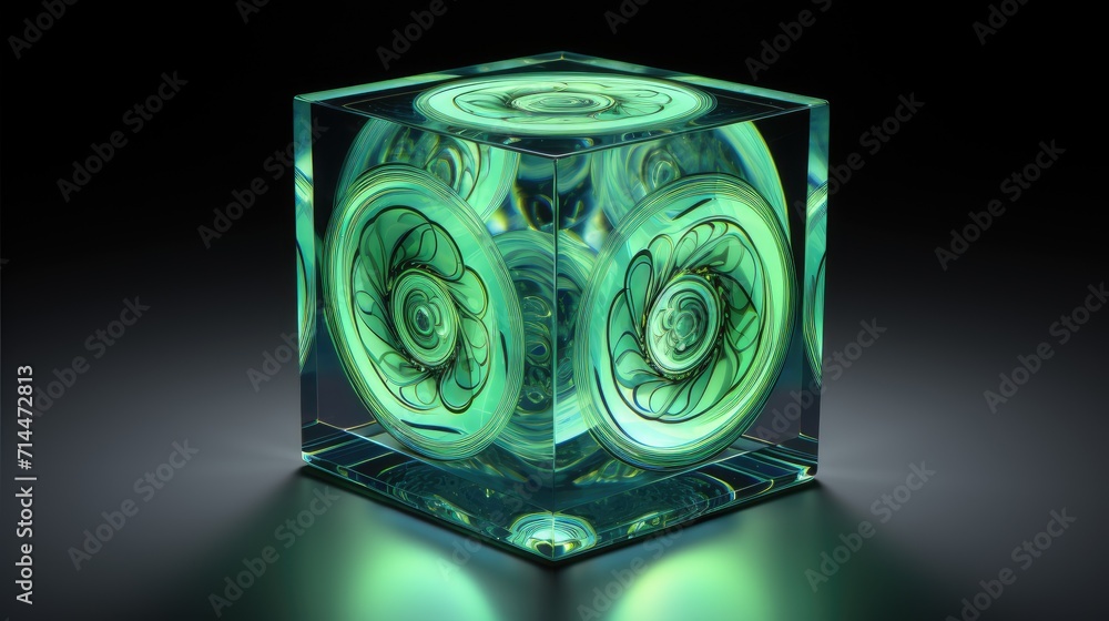 Poster a cube with a circular pattern in shades of blue and green