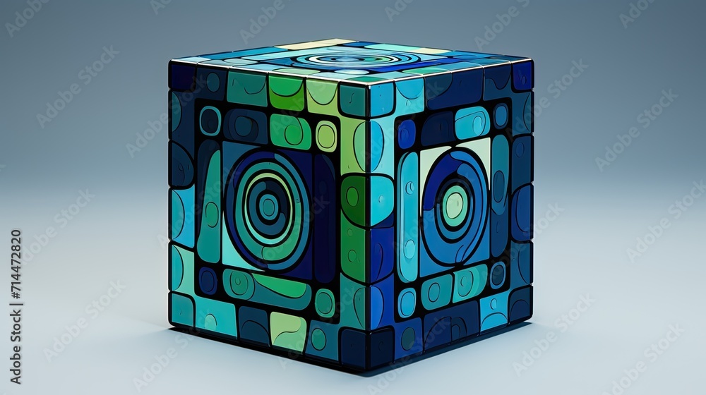 Poster a cube with a circular pattern in shades of blue and green