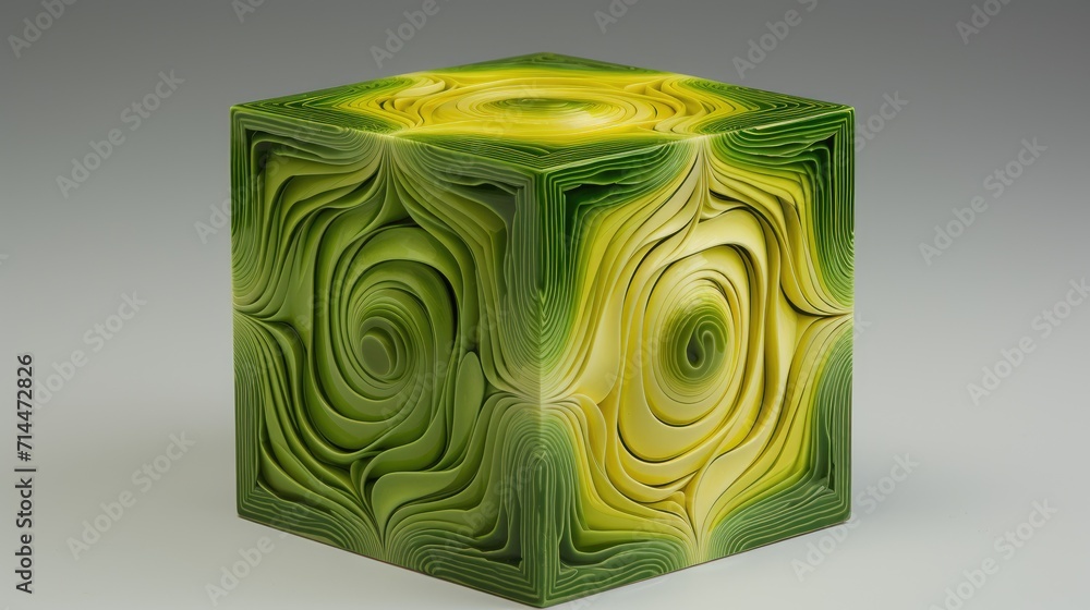 Poster a cube with a circular pattern in shades of green and yellow