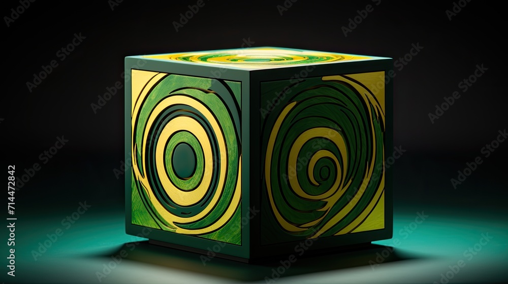 Poster a cube with a circular pattern in shades of green and yellow
