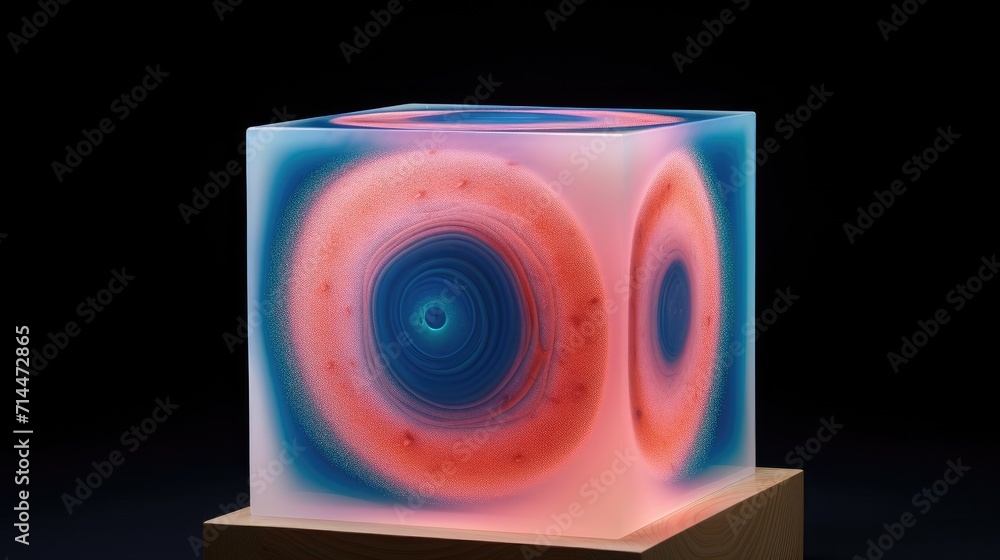 Poster a cube with a circular pattern in shades of pink and blue