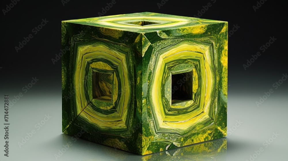 Poster a cube with a circular pattern in shades of green and yellow