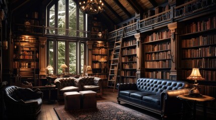 A cozy library with shelves of books and comfortable armchairs