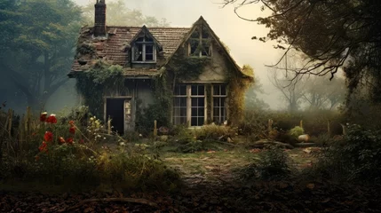 Fotobehang A creepy abandoned house with broken windows and overgrown weeds © Gefo