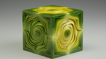 A cube with a circular pattern in shades of green and yellow