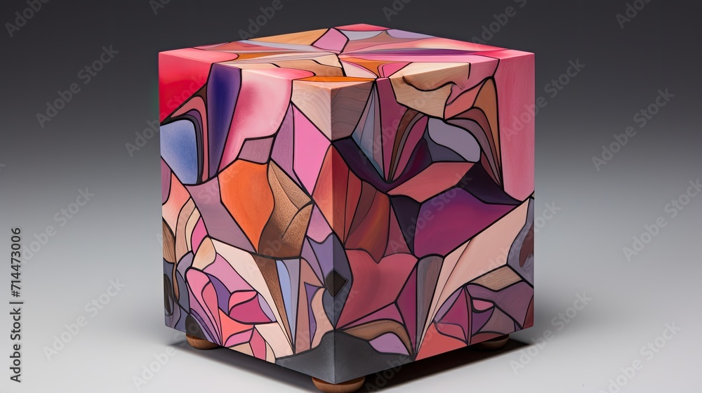 Poster a cube with a hexagonal pattern in shades of pink and purple