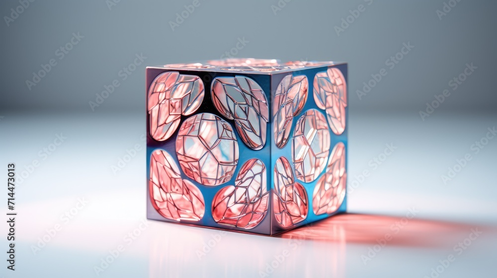 Poster a cube with a hexagonal pattern in shades of pink and blue