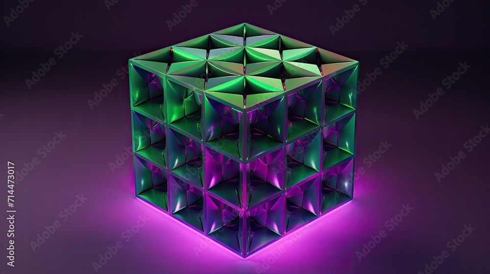 Poster a cube with a hexagonal pattern in shades of purple and green