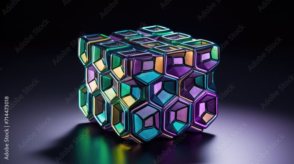 Poster a cube with a hexagonal pattern in shades of purple and green