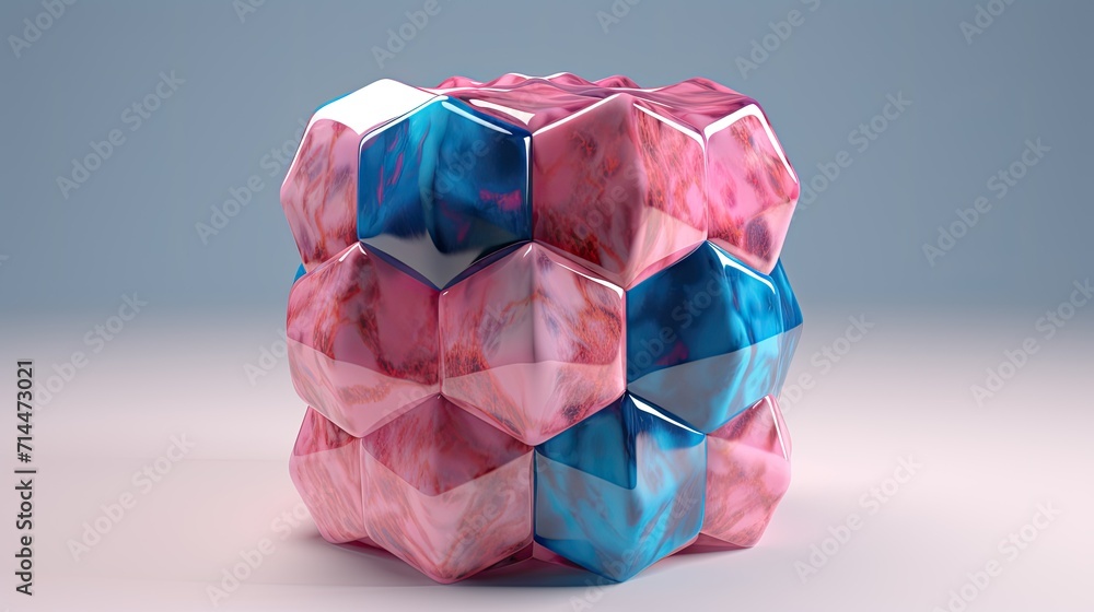 Poster a cube with a hexagonal pattern in shades of pink and blue