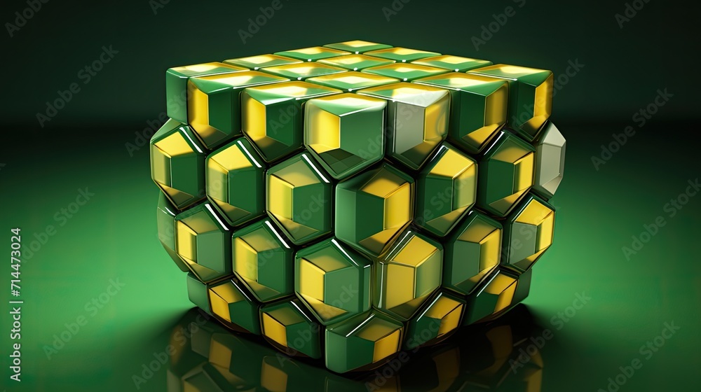 Poster a cube with a hexagonal pattern in shades of green and yellow