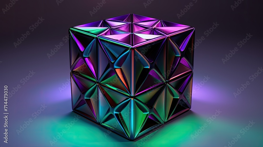 Poster a cube with a hexagonal pattern in shades of purple and green