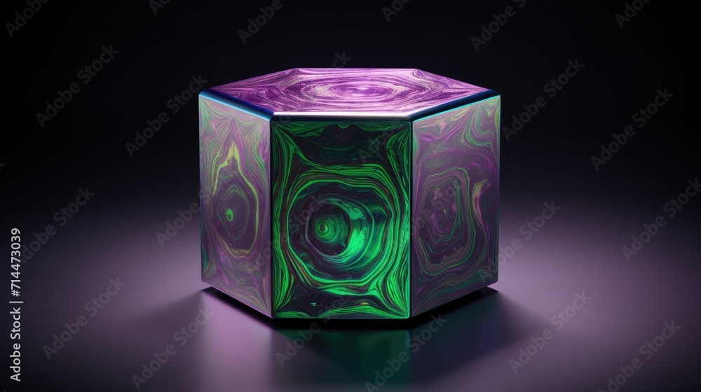 Poster a cube with a hexagonal pattern in shades of purple and green
