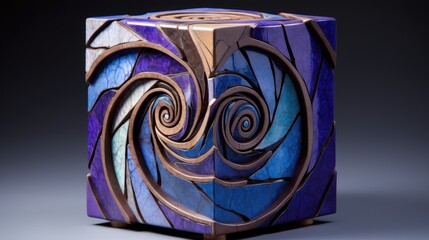 A cube with a spiral pattern in shades of blue and purple