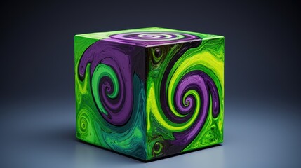 A cube with a spiral pattern in shades of green and purple