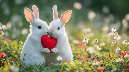Rabbits in love couple of cute bunny holding a red heart shape in nature flower fields Birthday Valentine's day card