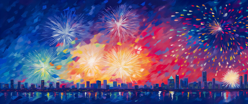 Abstract colorful painting of colorful fireworks in fantasy sky and city night background.magical and miracle style.festival and celebration ideas