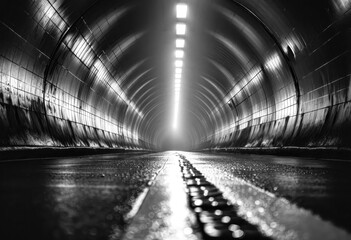 A ground's eye view of a tunnel with electric lights and paved road, generative ai