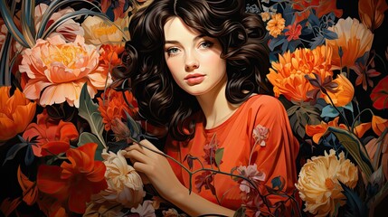 Portrait of a young woman with curly hair surrounded by vibrant flowers, evoking a sense of beauty and nature.