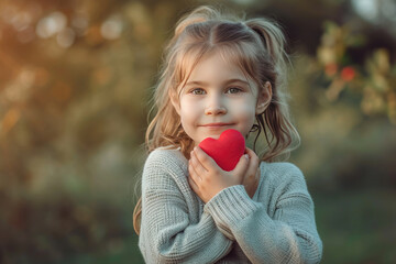 little sincere adorable kid girl holding red heart on chest feeling gratitude pose