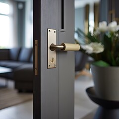 Bedroom door in main focus front view with luxury lever handle, grey interiors, modern vibes, luxury interiors in the background, high-quality, realistic photo taken 