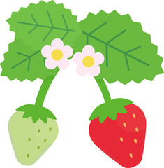 シンプルでかわいいイチゴの葉と花のイラスト（フラットデザイン）