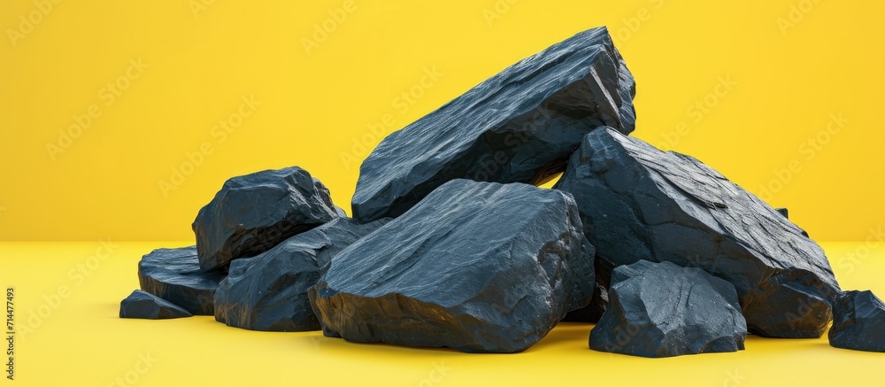 Poster 3d rendering of dark rocks on a yellow background for product displays, with empty space.