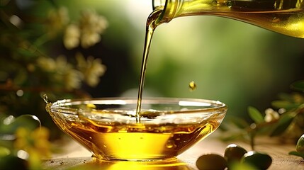 Pouring olive oil, with a work of art in the background, raining healthy food, light background  