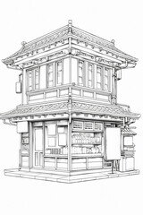 Coloring book, vintage of ramen shop in Japan.  on a white background,