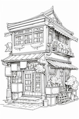 Coloring book, vintage of ramen shop in Japan.  on a white background,