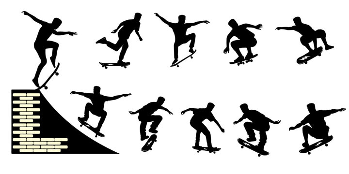 set of silhouettes of skateboard