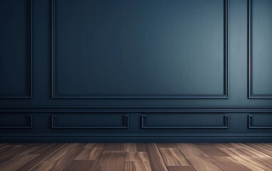 Navy blue classic wall mock up with copy space in modern style with brown floor

