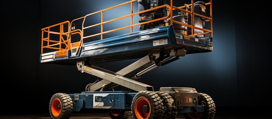 Aerial platform lift. The telescopic boom lifted against the bright - obrazy, fototapety, plakaty