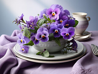 Spring table setting with viola flower