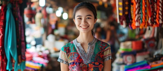 Smiling girl in a colorful skirt at an Asian market. - obrazy, fototapety, plakaty