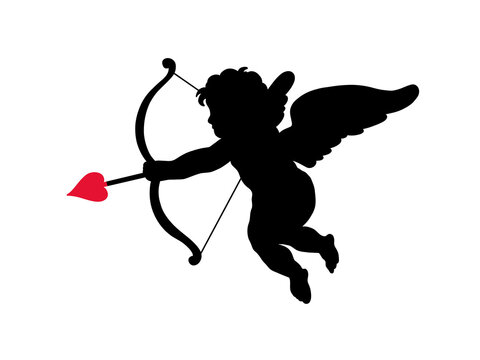 recommend clip art: Cherub silhouette Valentines day. Cute cupid angel with wings, arrow and bow isolated on white background. Vector illustration