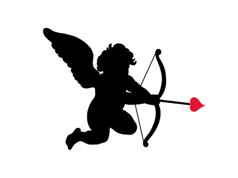 recommend clip art: Cherub silhouette Valentines day. Cute cupid angel with wings, arrow and bow isolated on white background. Vector illustration