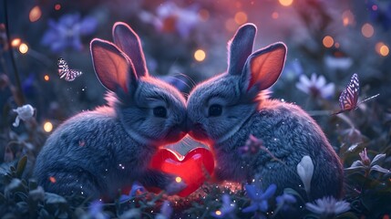 Fototapeta na wymiar Rabbit in love, heart in nature. Cute adorable grey bunny holding a heart shape in magical flower forest. Birthday Valentine's day Mothers day greeting card, fantasy wallpaper idea.