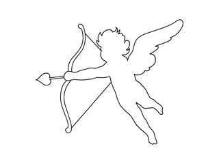 Cherub line art Valentines day. Cute cupid outline angel with wings, arrow and bow isolated on white background. Vector illustration