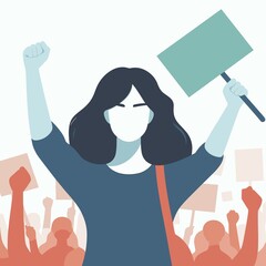 girl is protesting with a blank banner, crowd of protesters, Protest concept, flat vector illustration, isolated on white background
