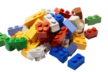 Close-up of colorful plastic toy bricks. isolated on a Transparent background. Generative AI - obrazy, fototapety, plakaty