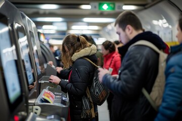 Commuters purchasing tickets at subway station machines